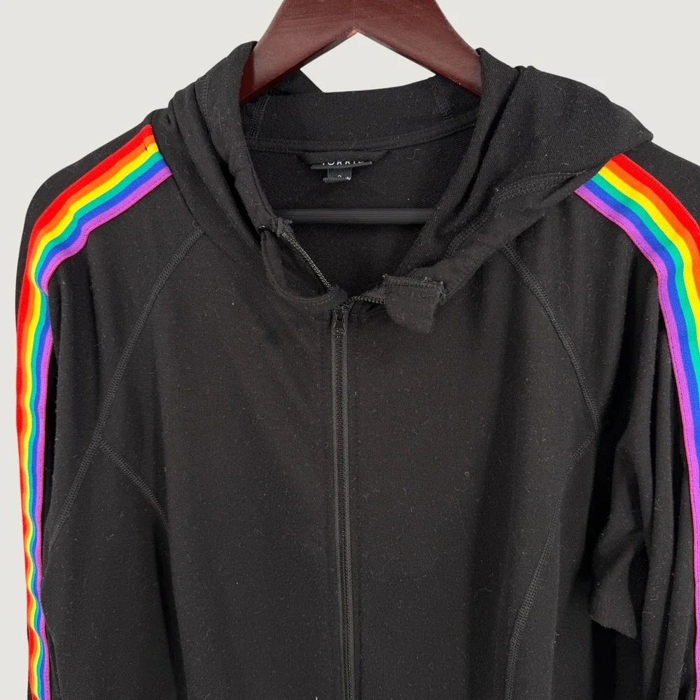 Torrid Size 3X Black Zip Hoodie Rainbow Stripe Sleeve Full Zip Plus Size Jacket